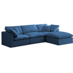 Meridian Furniture - Plush Velvet / Down Standard Comfort L-Shaped Modular Sectional, Navy, 4-Piece: 1 Armless Chair, 2 Corner Chair, 1 Ottoman - No matter how big or little the size of your gang, they can all find their sweet spot when you choose pieces from the Plush collection to build your ideal seating group. Choose this four-piece setor pair multiple pieces together to get the custom look everyone will love. The soft navy velvet material is soft and welcoming to the touch, and the set's cushions are overstuffed with a down and feather blend to provide ample support for tired bodies.
