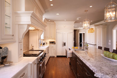 Design ideas for a traditional kitchen in Atlanta with a single-bowl sink, beaded inset cabinets, white cabinets and panelled appliances.