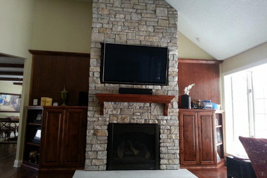 Mid-sized open concept brown floor living room photo in Minneapolis with beige walls