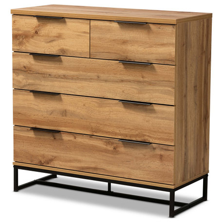 Franklin Modern Oak Finished Wood Black Finished Metal 5-Drawer Bedroom Chest