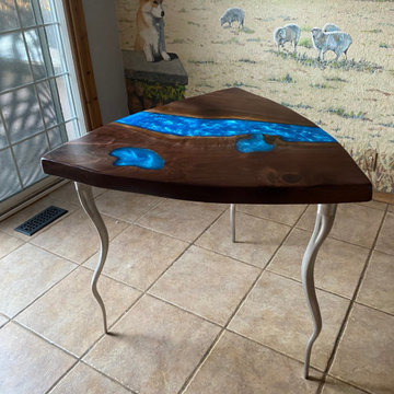 Walnut Triangle River Table, Blue Resin River