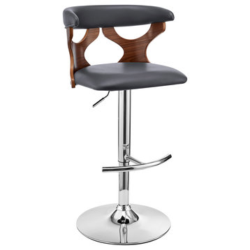 Ruth Adjustable Gray Faux Leather and Walnut Wood Bar Stool With Chrome Base