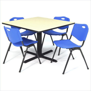Cain 48" Square Breakroom Table, Maple and 4 'M' Stack Chairs, Blue