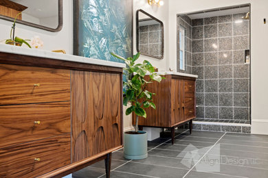 Inspiration for a large 1960s master porcelain tile and black floor bathroom remodel in Other with medium tone wood cabinets, a one-piece toilet, white walls, an undermount sink, quartz countertops, white countertops and a freestanding vanity
