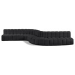 Meridian Furniture - Arc Vegan Leather Upholstered 8-Pc. S-Shaped Modular Sofa, Black - Unleash modern opulence with the Arc Vegan Leather 8pc. Sectional. Crafted for the modern connoisseur, this Sectional injects an air of refined luxury into any space. Its sleek silhouette, upholstered in supple black vegan leather, exudes timeless sophistication while the deep channel tufting adds textural intrigue, further elevating the chair's visual appeal. The modular design makes it a versatile chameleon, effortlessly adapting to your evolving needs and preferences. Whether you envision it gracing a chic living room corner, basking in the glow of a bedroom window, or adding a touch of drama to a home office, the Arc seamlessly complements your unique interior aesthetic.