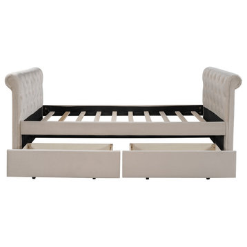 Twin Tufted Beige Upholstered Polyester Blend Bed