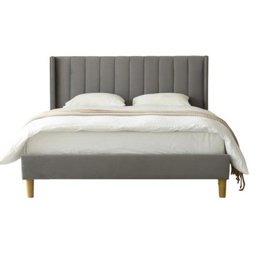 Modern Platform Bed, Flannel Upholstered Wingback Headboard, Gray/Full