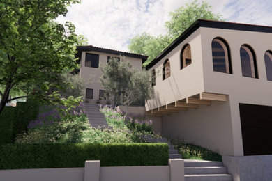 Inspiration for a large 1960s white two-story house exterior remodel in Los Angeles with a shingle roof and a red roof