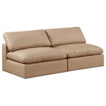 Meridian Furniture - Comfy Upholstered Modular Sofa, Tan, 2-Piece: 2 Armless Chair, Vegan Leather - Give your space a whole new look with this tan Comfy vegan leather sofa. This handsome sofa fits nicely with other items in the Comfy collection and is a versatile seating option designed for adaptability, comfort and style. Wrapped in rich tan durable vegan leathered upholstery, this sofa offers a plush embrace of overstuffed down feather cushions, carefully crafted to deliver the highest level of comfort. The perfect seat for creating an oasis for relaxation, this sofa has thick foam surrounding its frame for added support and coziness.