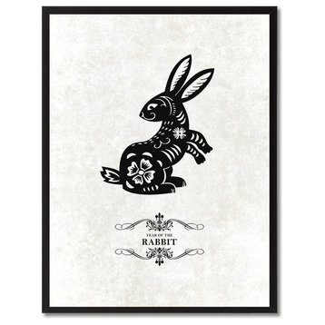 Rabbit Chinese Zodiac White Print on Canvas with Picture Frame, 13"x17"