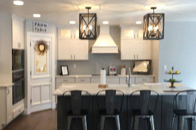 This is an example of a large country l-shaped eat-in kitchen in Other with a farmhouse sink, shaker cabinets, white cabinets, marble benchtops, stainless steel appliances, medium hardwood floors, with island and brown floor.