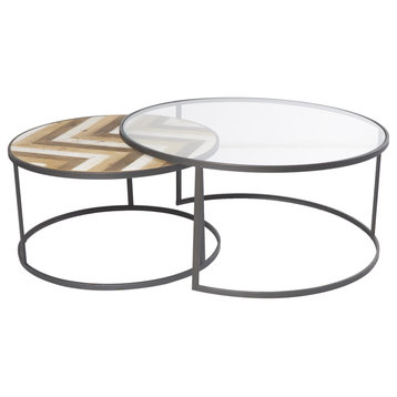 Set of 2 Coffee Table, Nesting Design With Geometric Patterned Top & Glass Top