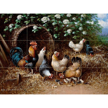 Tile Mural Chicken Family Under A Bush Marble Matte