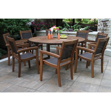 9-Piece Eucalyptus Round Lazy Susan Dining set With 8 Stacking Sling Armchairs