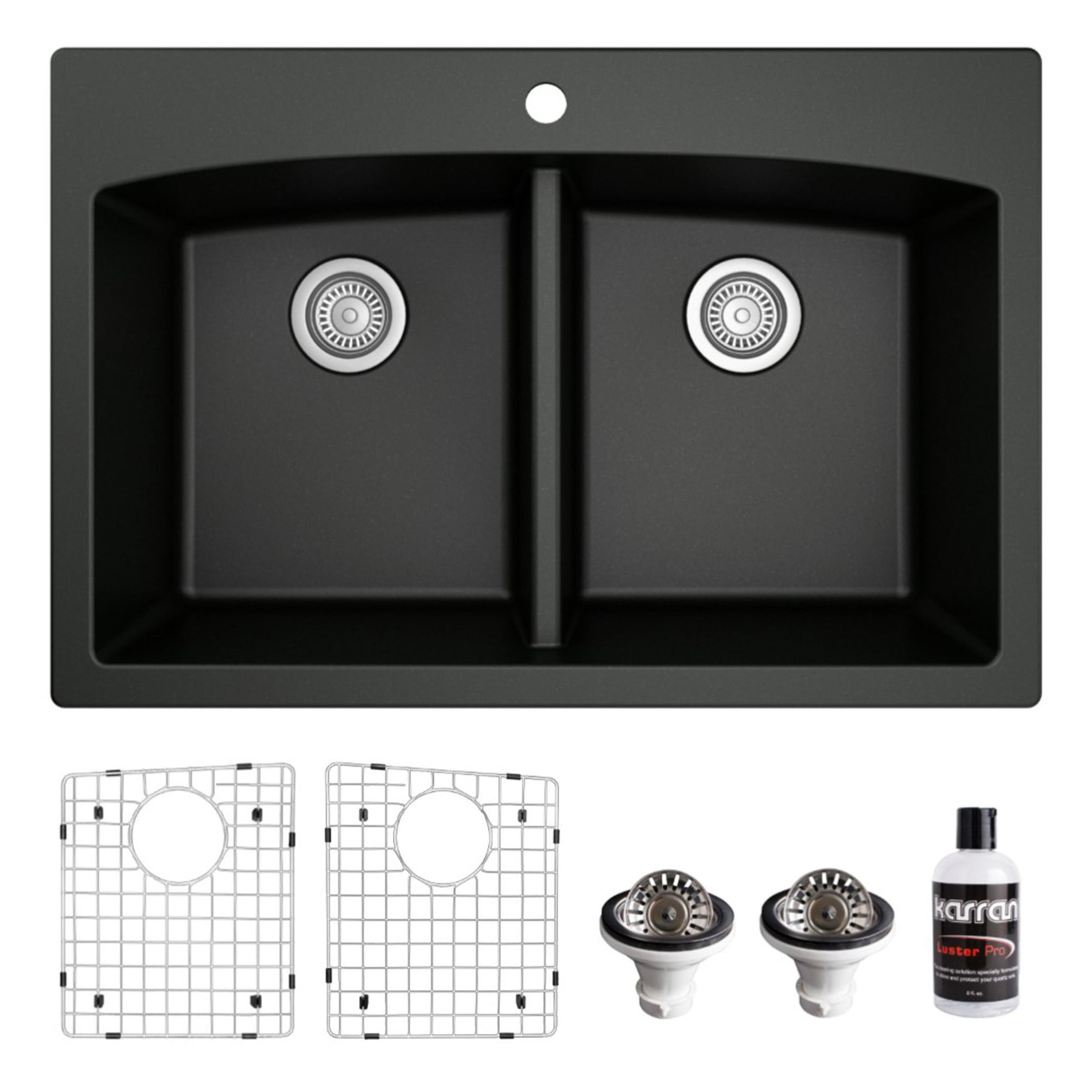 Karran Drop-in Quartz 33" 1-Hole 50/50 Double Bowl Sink Kit, Black