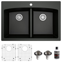 Karran Drop-in Quartz 33" 1-Hole 50/50 Double Bowl Sink Kit, Black