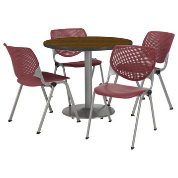 KFI Round 42" Pedestal Table - 4 Burgundy KOOL Chairs - Walnut Top