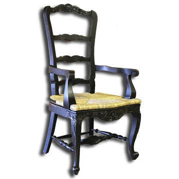 Tall Dining Arm Chair French Country Black Carved Wood  Handwoven