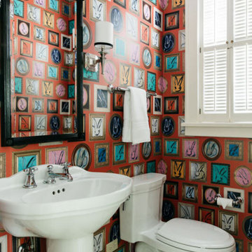 Wallpapered Powder Room in Historic Family Home in Kenilworth