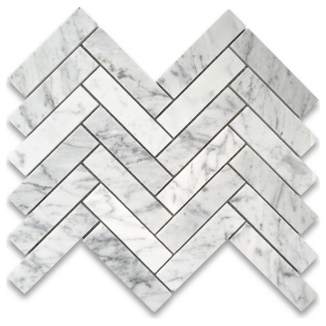 Carrara White 1x4 Herringbone Polished Marble Mosaic Tile Venato, 1 sheet
