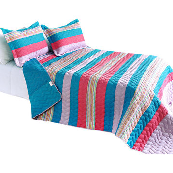 Colorful Sky Cotton 3PC Vermicelli-Quilted Striped Quilt Set (Full/Queen Size)
