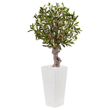 3.5' Olive Artificial Tree, White Tower Planter