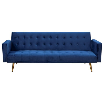 Bowery Hill Modern Contemporary Velvet Convertible Sofa in Blue Finish