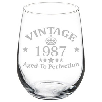Wine Glass Goblet 30th Birthday Vintage Aged to Perfection 1987, 17 Oz Stemless
