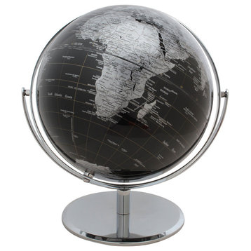 Vespucci Black World Globe, 10" Diameter - Chrome Metal  Base
