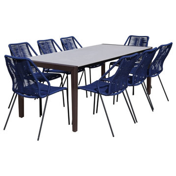 Armen Living Fineline and Clip 9PC Fabric Outdoor Dining Set in Brown/Blue