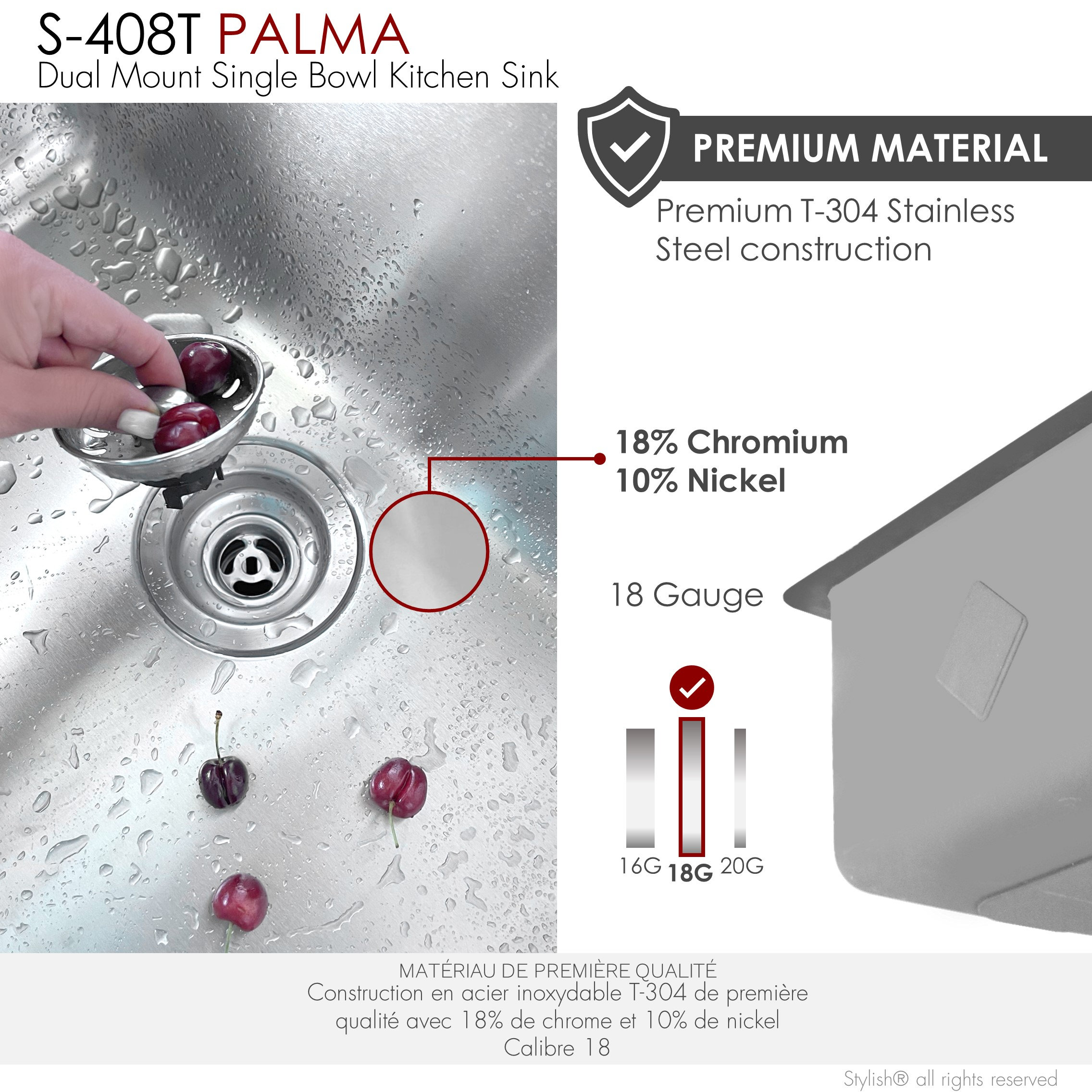 STYLISH 21 inch Single Bowl Undermount and Drop-in Stainless Steel Kitchen Sink