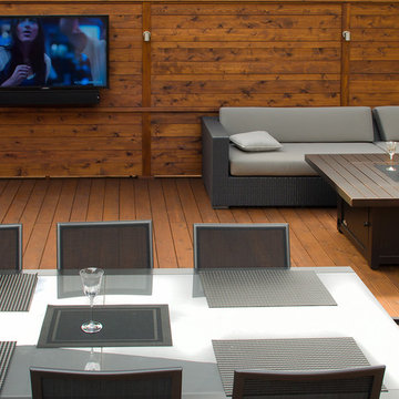 Large Cedar Deck, Hot Tub, and Eating Area with Outdoor TV