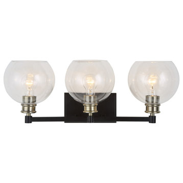 Classic Minimalist 3 Light Wall Sconce Black Gold Clear Glass Dome Shades 25 in