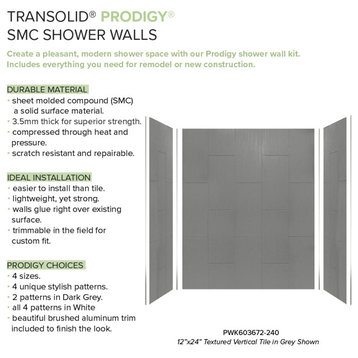 Transolid PWK603672-240 Prodigy 60"x36"x72" Shower Wall Kit, Grey Vertical