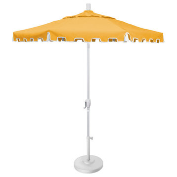 9' Matte White Greek Key Patio Umbrella, Push Button Tilt and Tassels, Buttercup