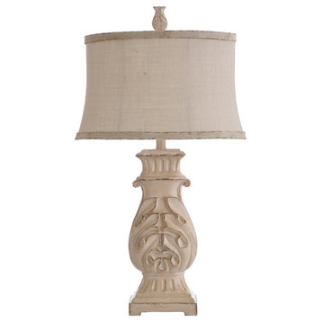 Bokava Table Lamp, Distressed Antique White Finish, Beige Softback Fabric Shade