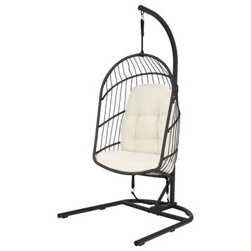 Costway Hanging Wicker Egg Chair w/ Stand Cushion Foldable Outdoor Indoor Beige