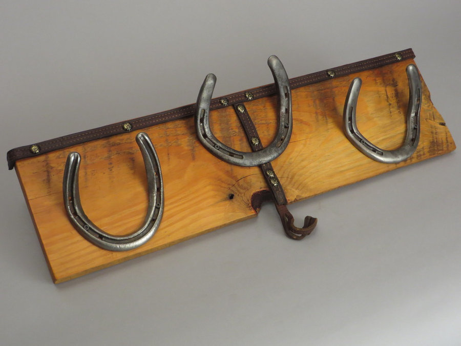 #R15003 Coat Rack. Reclaimed Pine, horseshoes, leather.