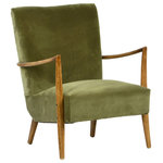 Karina Living - Becker Polyester Velvet Upholstered Occasional Chair, Olive Green - The Becker Occasional Chair introduces an air of contemporary elegance to any room. This chair's robust frame is constructed from seasoned oak wood, ensuring a solid foundation and longevity. The olive green poly-velvet upholstery softens its presence and adds a touch of luxury, while the brown hues of the frame highlight a classic aesthetic. The chair features a streamlined silhouette with clean lines, offering both visual appeal and functional seating.