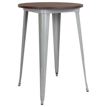 30" Round Silver Metal Indoor Bar Height Table With Walnut Rustic Wood Top