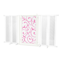 Fusion Gates - Fusion Gate with Songbirds in Pink Design, White Pearl, 71.5"-74" - Dog Gates
