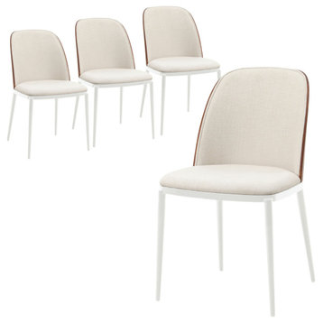 LeisureMod Tule Mid-Century Modern Dining Side Chair, Set of 4, Walnut/Beige