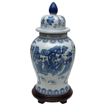 24" Ladies Blue and White Porcelain Temple Jar