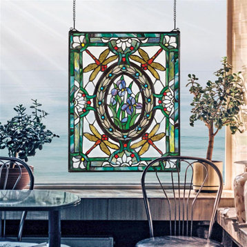 Dragonfly Floral Stained Glass Window