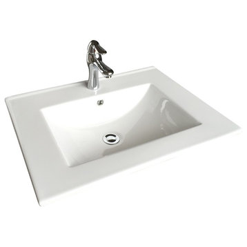 Square White Bathroom Sink with Faucet and Drain, Drop In, Self Rimming