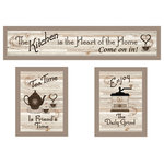 Trendy Decor4U - "Kitchen Friendship Collection III" 3-Piece Vignette, Taupe Frame - Kitchen Friendship Collection III, a 3 piece grouping of kitchen d cor framed art by the designers at Trendy Decor 4U, (1) 32 x 7 "Kitchen is the Heart of the Home, plus 2 (10 x 14) "Tea Time" and "The Daily Grind", all in matching taupe color frames. The surface of the prints is textured with a fade resistant coating so no glass is necessary. Arrives ready to hang. Made in the USA by skilled American workers.