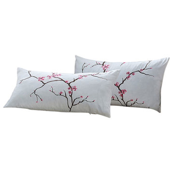 Cherry Blossom Embroidery 2 Piece Pillow Covers, Pink, 14" X 26"