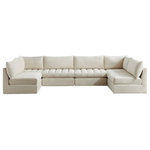 Meridian Furniture - Jacob Velvet Upholstered 6-Piece U-Shaped Modular Sectional, Cream - Create the ideal seating arrangement for your space when you pick and choose the elements you like mostincluding this Jacob velvet modular sectional. Mix and match items in the Jacob collection to bring your living space or family room together with a personalized slant. Soft cream velvet upholstery is soft and welcoming to the touch, adding a luxurious feel to everyday seating. Deep channel tufting adds to the piece's durability, and latches underneath the unit make it easy to attach to other pieces in the collection.