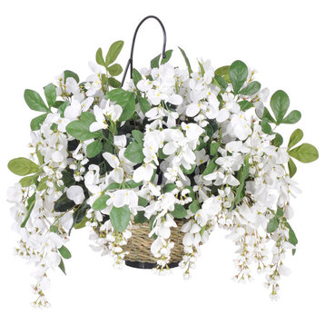Artificial White Wisteria, Water Hyacinth Basket, Natural