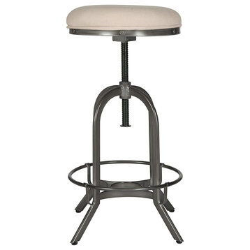 Unique Industrial Bar Stool, Metal Base and Swivel Round Top, Beige Linen Seat